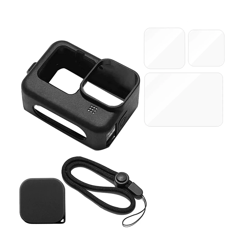 Silicone Case For Gopro Hero 12 11 10 9 Black Tempered Glass Screen Protector Protective Film Lens Cap Cover