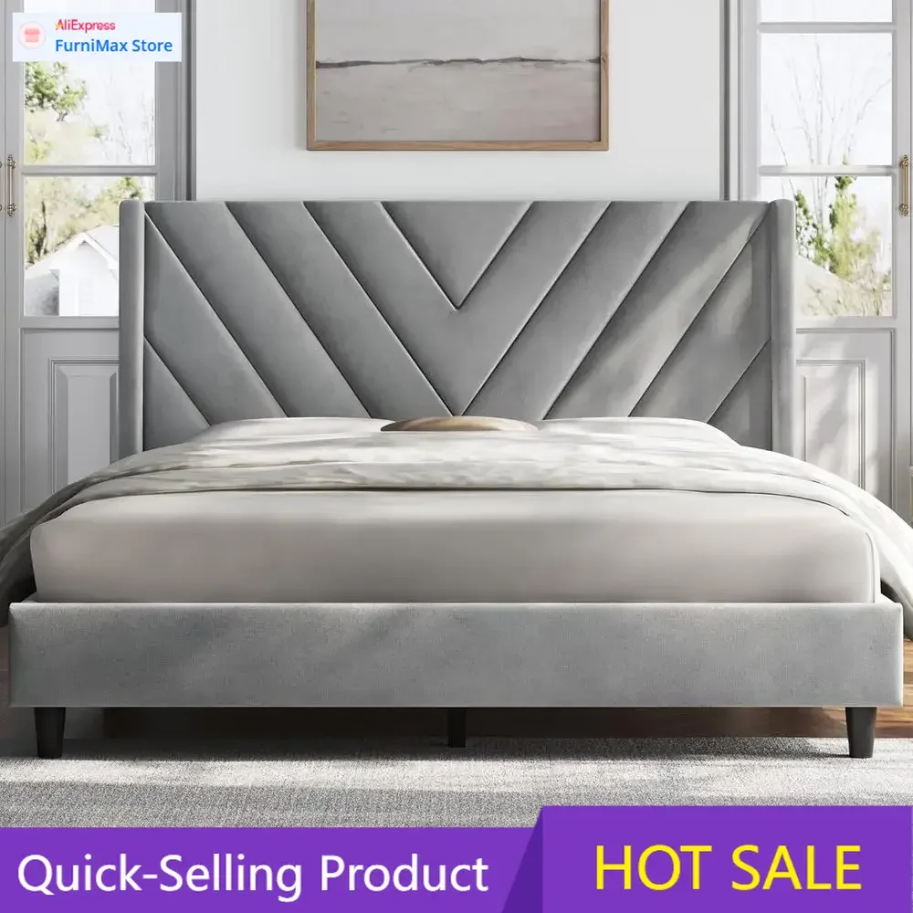 Limited-time promotion/EventPopularLight Gray Queen Upholstered Platform Bed with Wing Sides and Wooden Slat Support - No Box Sp