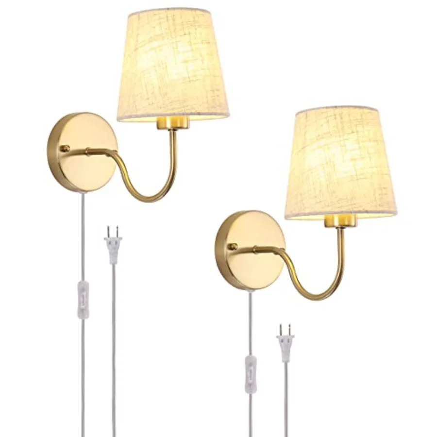 

Plug in Wall Sconces Set of Two Modern Wall Lamp with Plug in Cord 6.56ft and On/Off Switch with Fabric Lampshade Gold Sconces