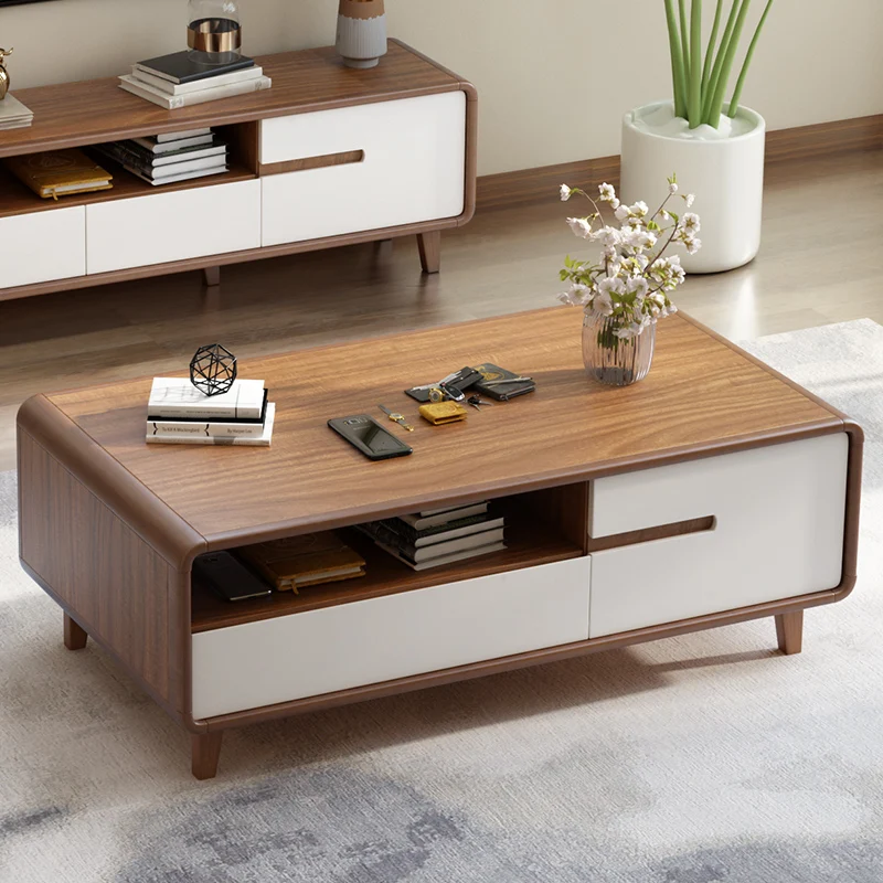 Mesa de té, mueble de TV, mesa baja combinada, marco de madera maciza japonesa, mesa de almacenamiento de nogal, mesa de té
