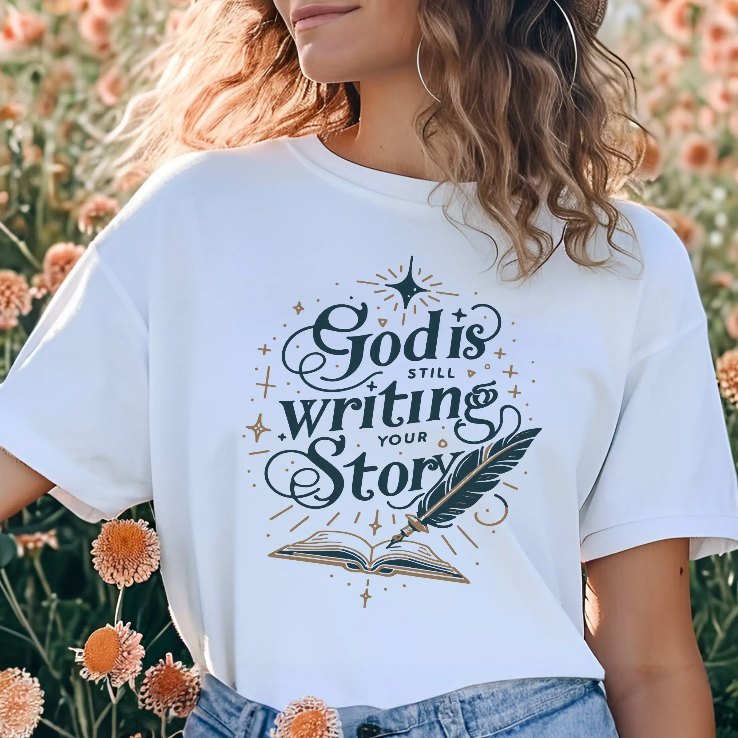 God Writes Your Story T Shirt Christian For Her Women Faith Jesus Is Still Writing