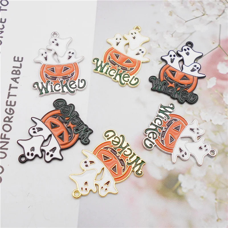 Julie Wang 6PCS Enamel Halloween Ghost Pumpkin Charms Cartoon Wicked Pumpkin Alloy Pendants Bracelet Jewelry Making Accessory