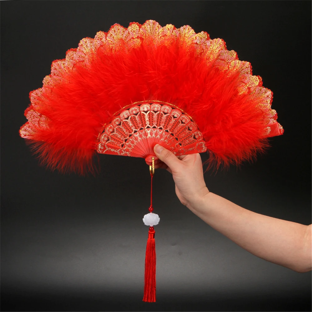 Éventail de plumes de velours chinois, accessoire de performance de danse, plumes de gérpâte, ornements de collocation Cheongsam, pliable à la main,