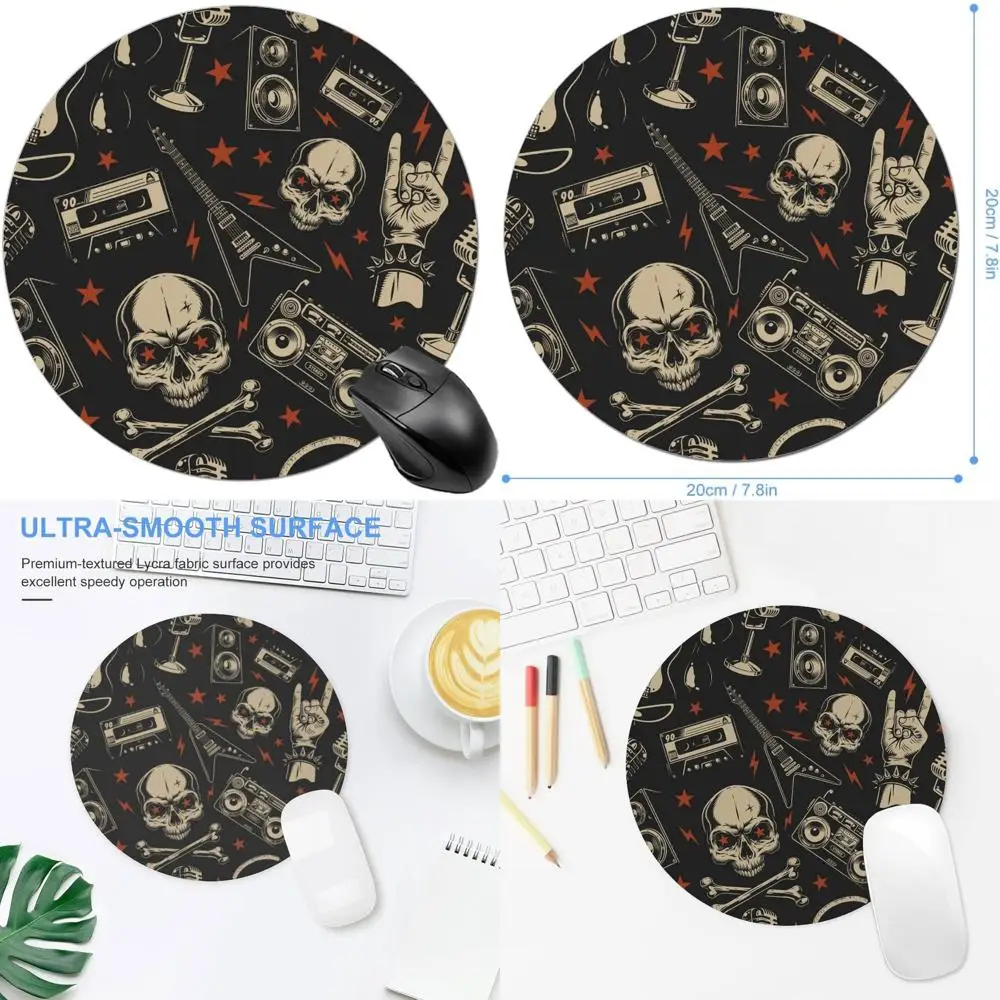 

Retro Skull Design Round Mouse Pad - 20cm Diameter with Music Theme, Durable Stitched Edge, Non-Slip Rubber Base for Gaming