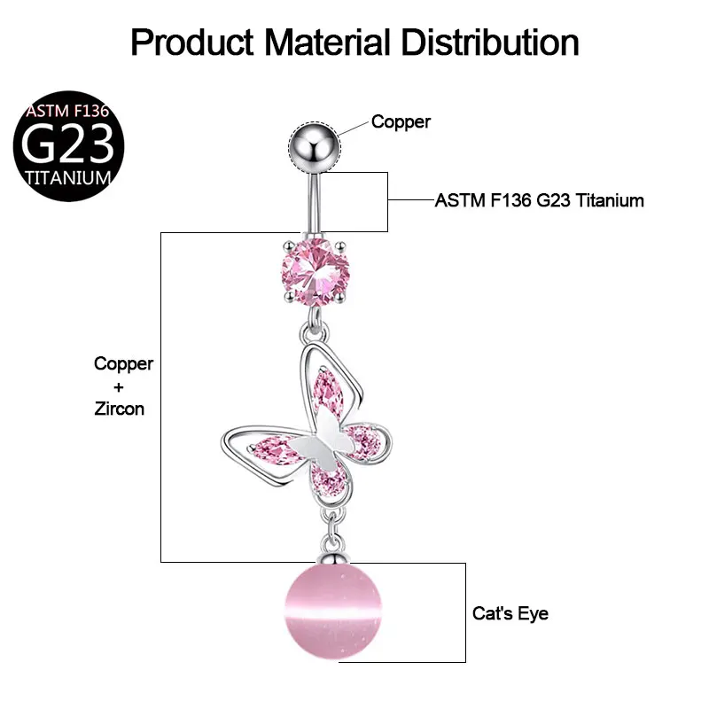G23 Titanium Belly Button Ring 14G Zircon Butterfly Heart Long Chain Dangle Navel Piercing Jewelry Women Navel Piercing Ombligo