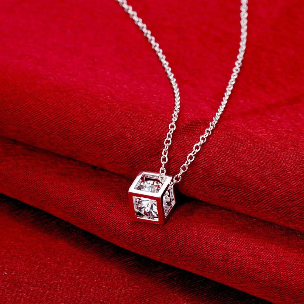 925 Sterling Silver Square Shiny Aaa Zircon Pendant Necklace For Women 18 Inches Fashion Jewelry Party Wedding Birthday Gifts