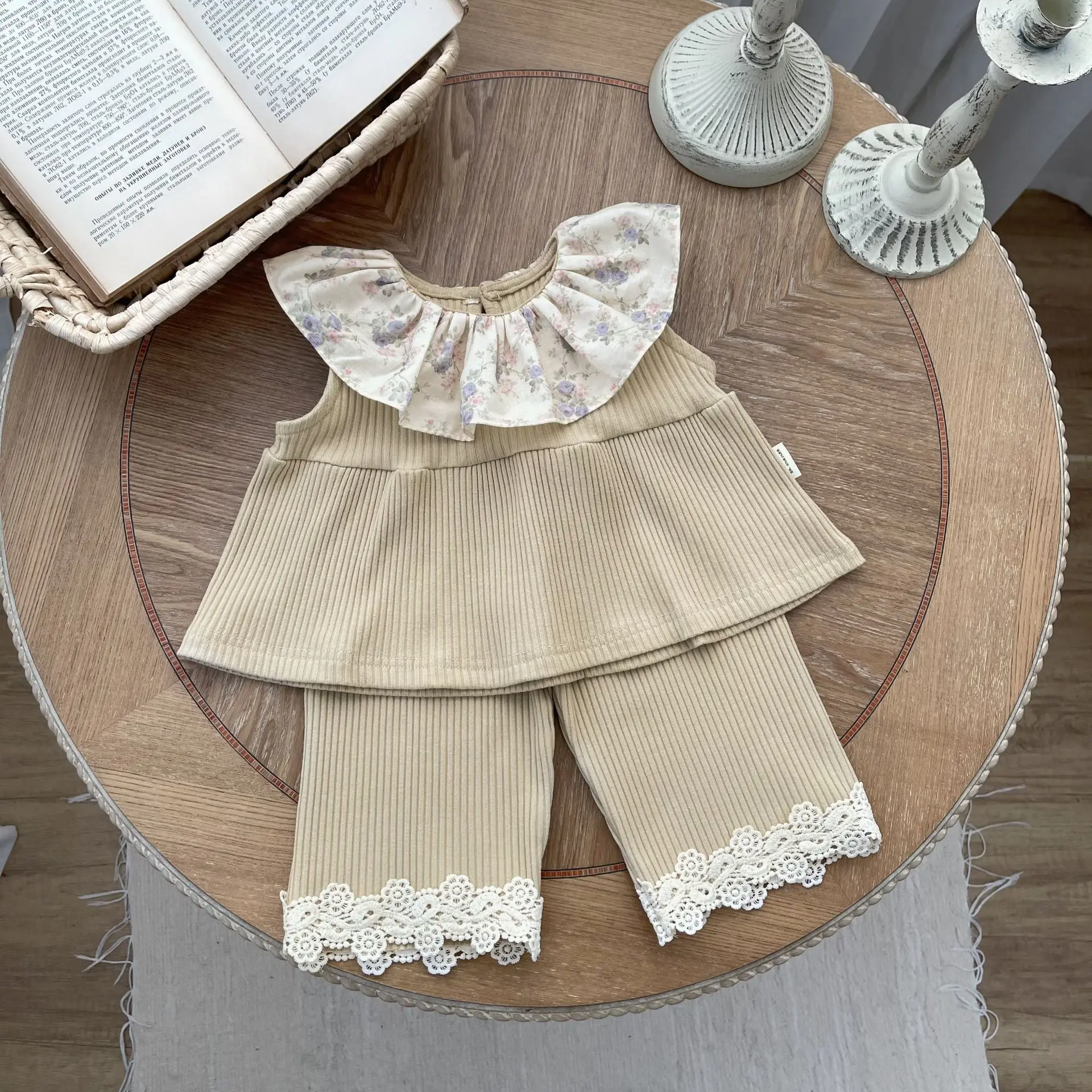 Baby Clothing 2024 Spring and Autumn Floral Lotus Collar Sleeveless Blouse and Lace Trousers Girls Sweet Casual Two-piece Set