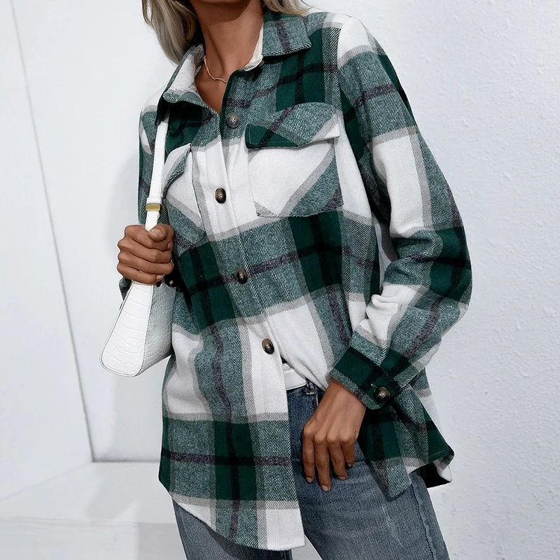 

Thick Cashmere Plaid Shirt Coat Office Lady Fashion Casual Commute Jackets Autumn Winter Warm Lapel Single Breasted Shirts Coats