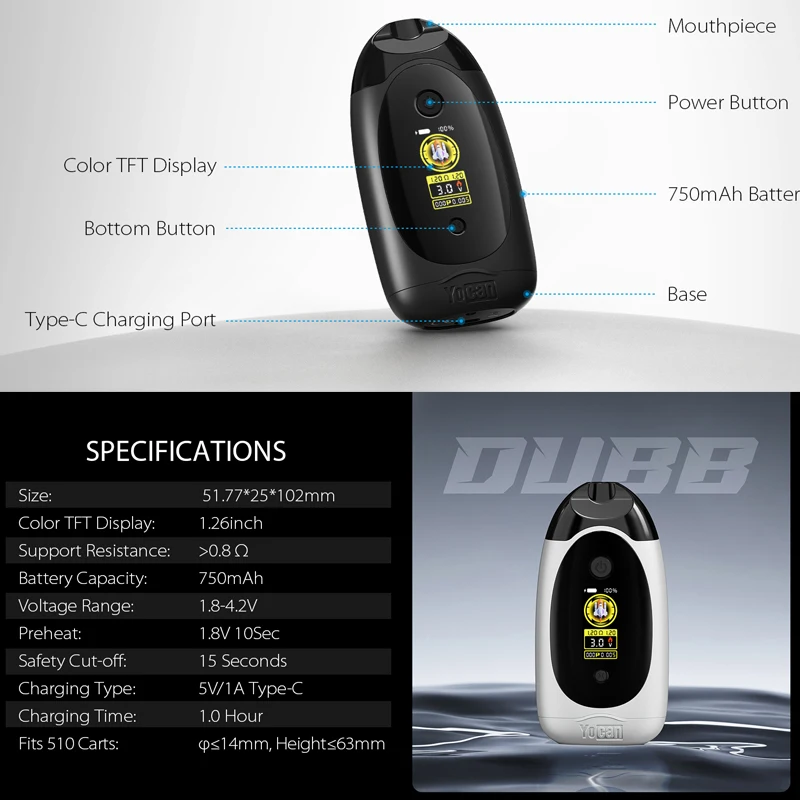 الأصلي Yocan Dubb 510 المرذاذ الملولب 750mAh التحكم في درجة الحرارة مع شاشة LED بطارية خرطوشة مزدوجة لعربات الزيت #3