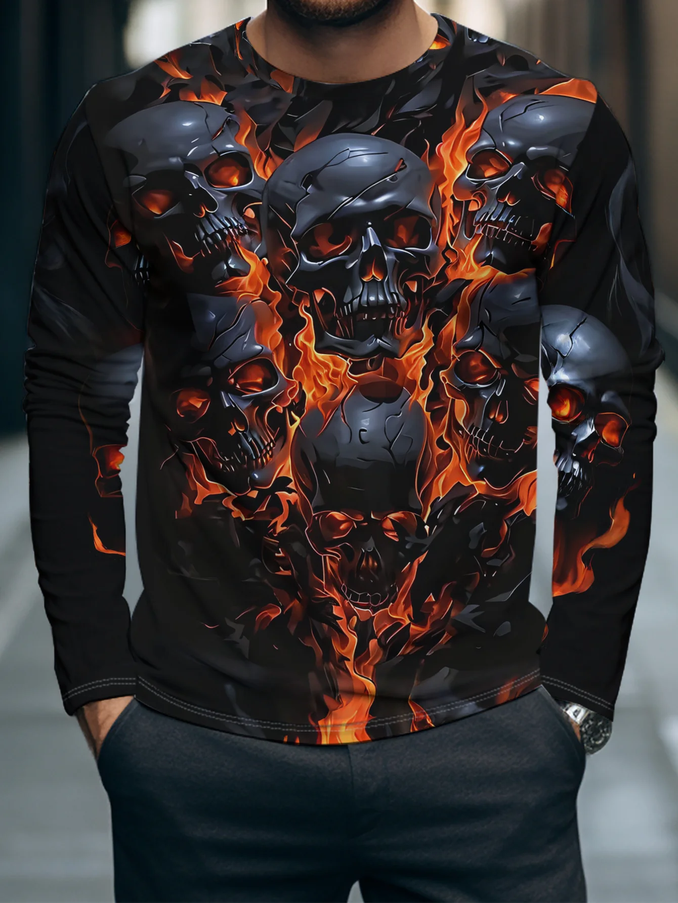 Men’s Skull Flame Graphic Long Sleeve T-Shirt Dark Horror Print Casual Crew Neck Top Spring Autumn Thin Lightweight Pullover