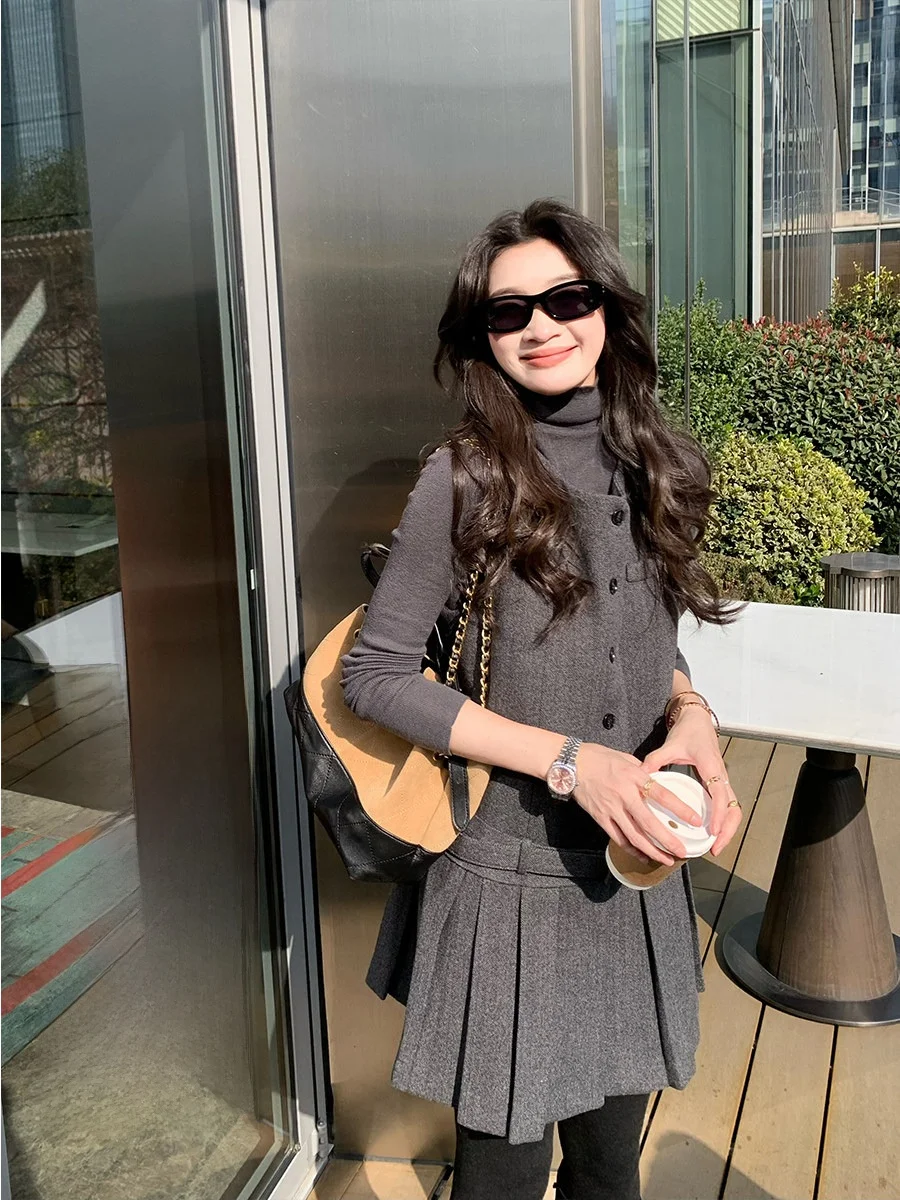 

Романтичный шерстяной жилет с поясом для женщин, осенне-зимний, плиссированный, цельный, модный, во французском стиле