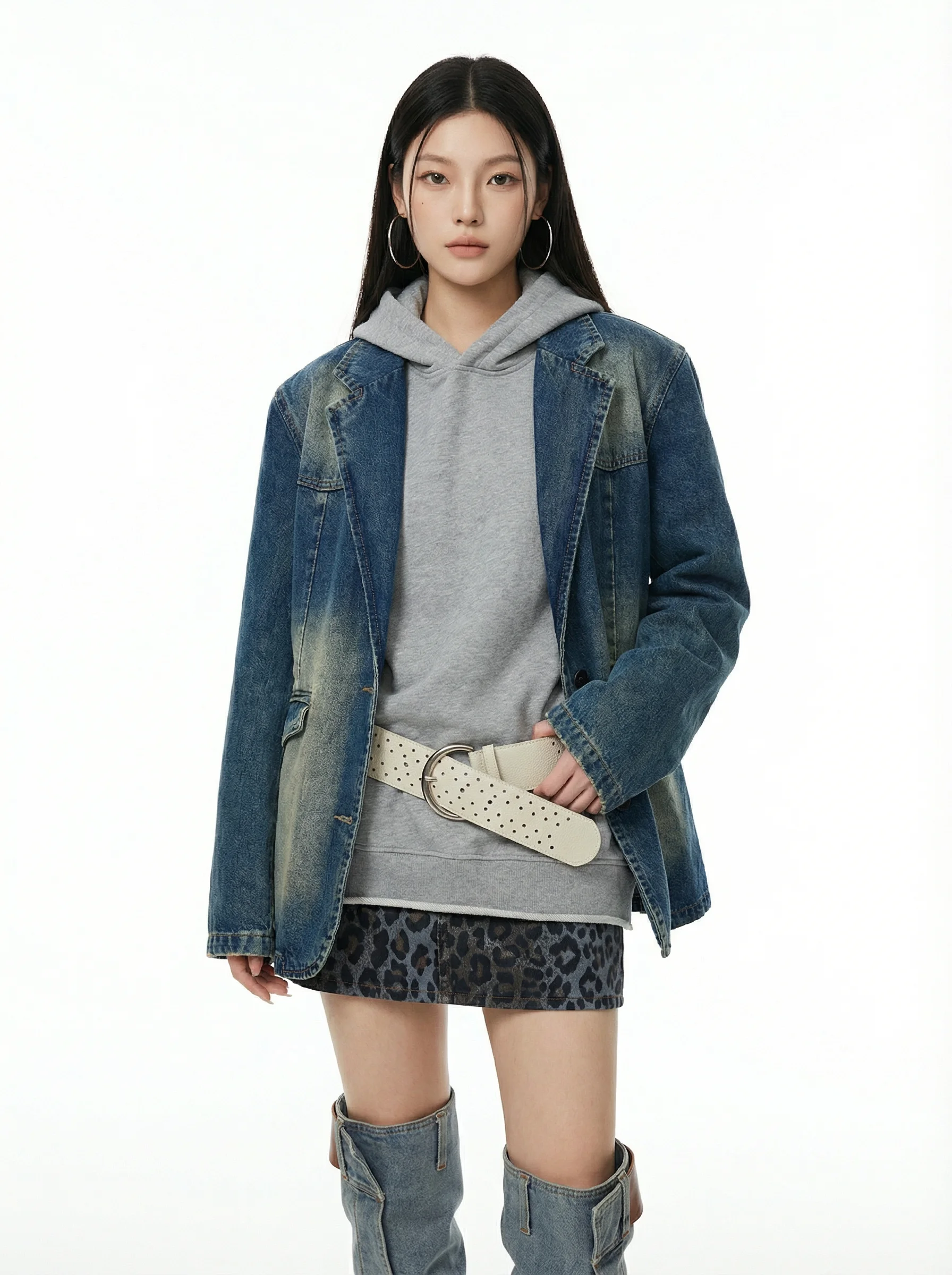 

Loose Women's Original Color American Retro Denim Jaet Autumn Spring Casual Sle Long Sve Button Closure Two-Piece Set