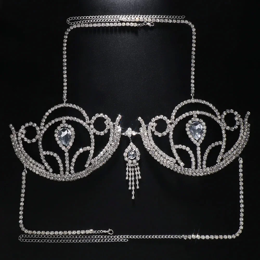 حمالة صدر بكيني فاخرة للنساء من حجر الراين ، ملابس داخلية هندسية لتسقط الماء ، دعامة صدر كريستال ، مجوهرات للجسم ، موضة