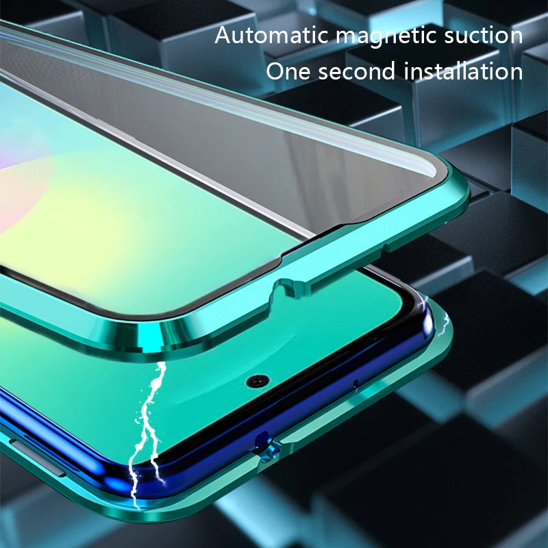 Biruiqu For Samsung Galaxy A27 Magnetic Absorption Case Metal Frame Shockproof Double Sided Tempered Glass Magnetic Case Cover