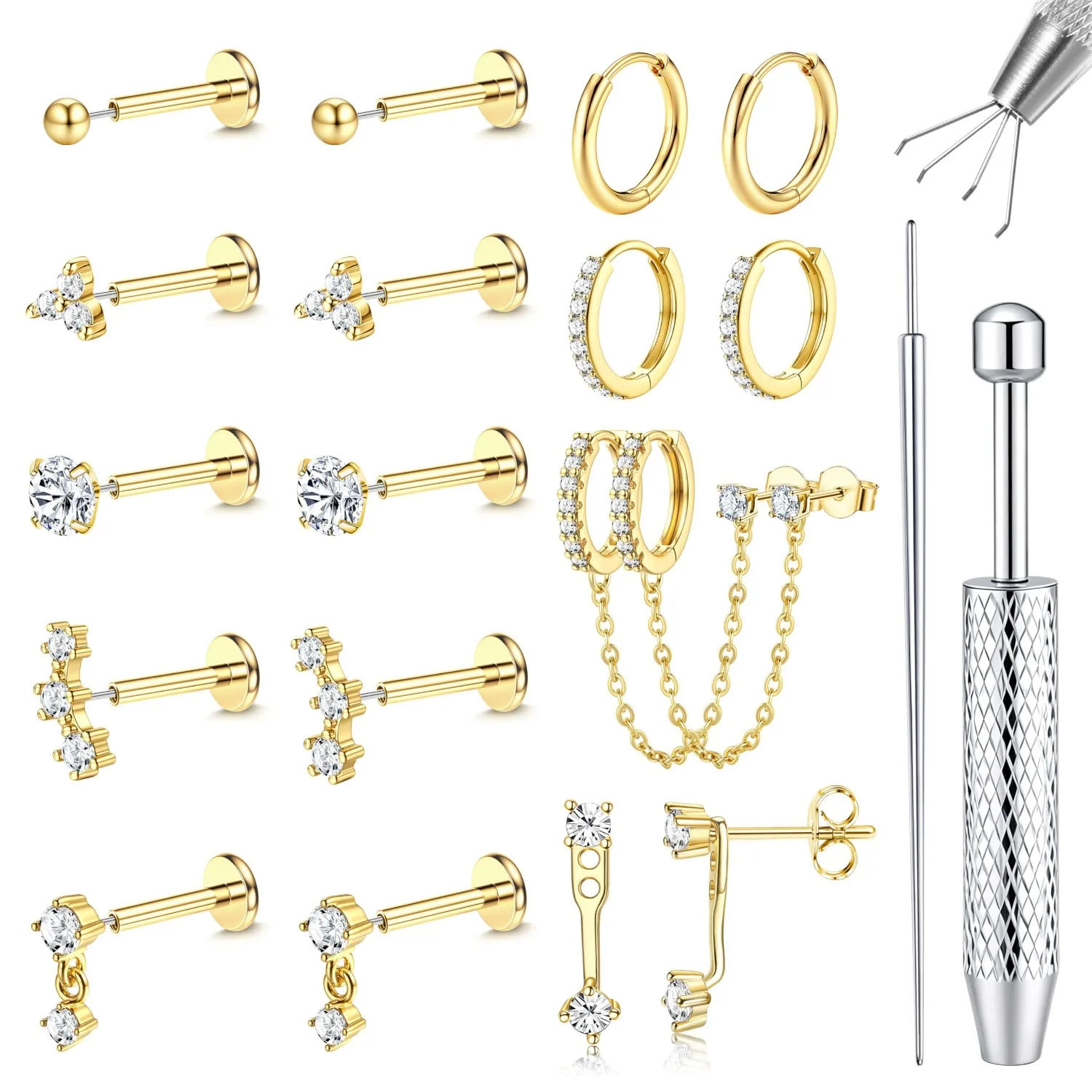 Pendientes de espalda plana de 20G para mujer, aros de acero quirúrgico sin rosca, pendientes de nariz de inserción, conjunto de pendientes de cartílago con circonita cúbica hipoalergénica, joyería para piercing de labret, hélice, tragus y concha.