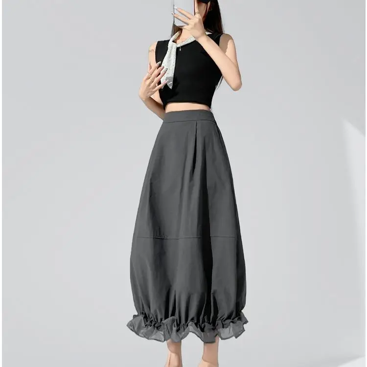 2026 Design New Lace Splicing Hem Skirt Lotus Leaf Loose and Thin Bud Long Skirt
