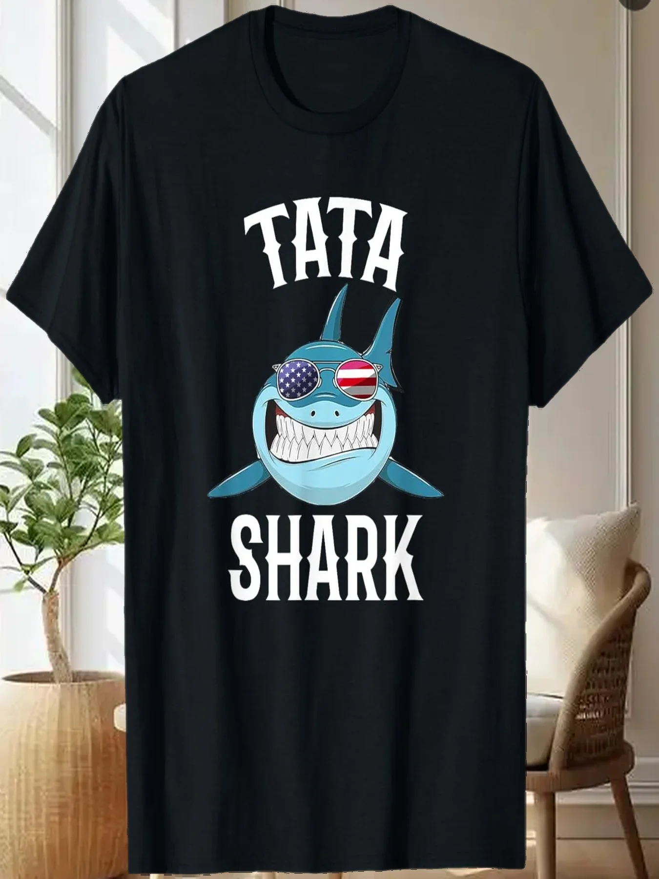 

Tata Shark Patriotic American Flag Sunglasses Graphic T-Shirt Men's Short Sleeve Crewneck Tee