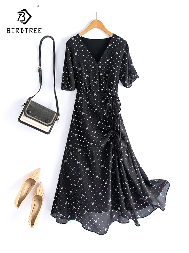 

Birdtree 100%Mulberry Silk Elegant Dot Dress Women's V-Neck Short Sleeve Lace Up French Style Dress 2024 Spring Summer D41317QC