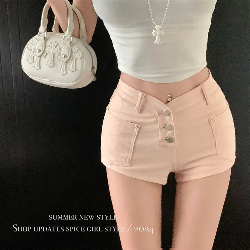 pink denim shorts women's summer new high waist button slim shorts tight hip hot pants