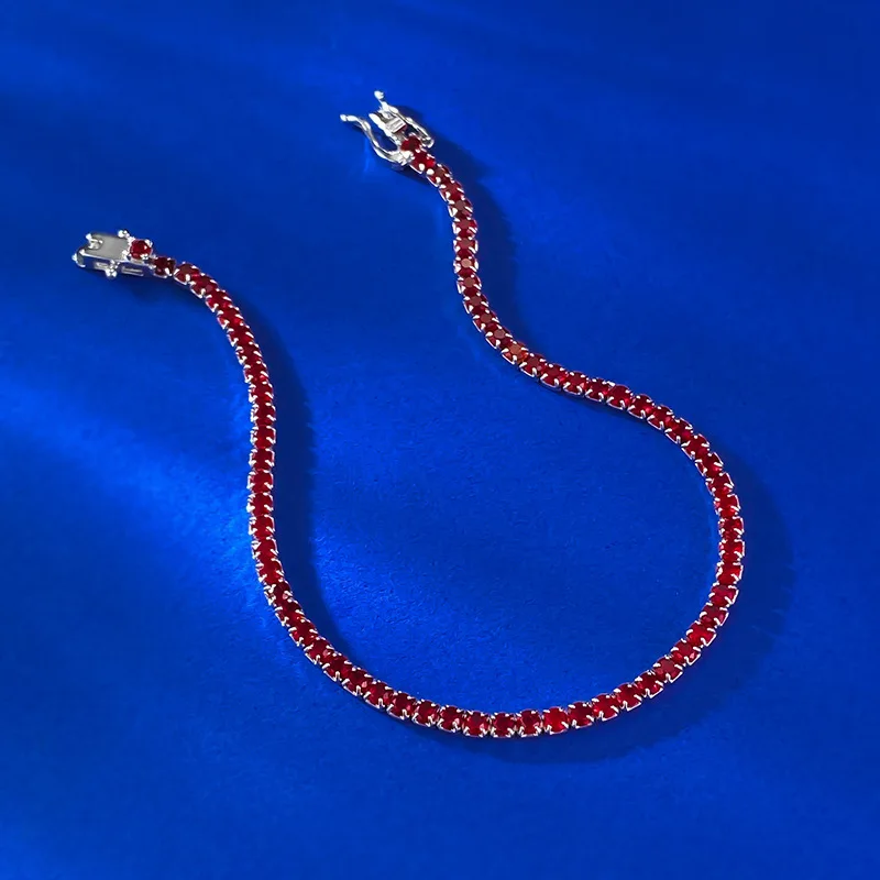 S925 Silver Bracelet Women's Popular European and American Pigeon Blood Red Tennis Chain Single Row Diamond Set Zircon Full Diam