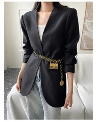 2023 New Slim and Advanced Black Blazers Womens Elegant V neck Casual Suit Loose Long Cardigan Coat