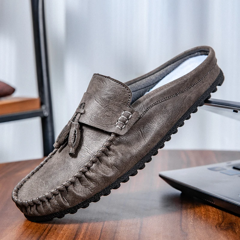 Summer Mules Men Shoes Large Size 45 46 Half Slippers Leather Backless Casual Shoes Loafers Slippers Lightweight Flats Sneakers