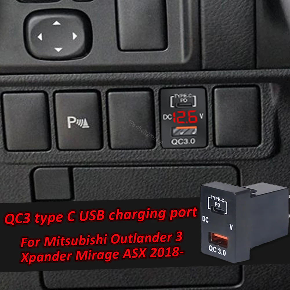 12V Dual USB Type-C PD Charger Power Socket Fast Charging for Mitsubishi Outlander 3 Xpander 2016 Pajerp Sport Car Electronics