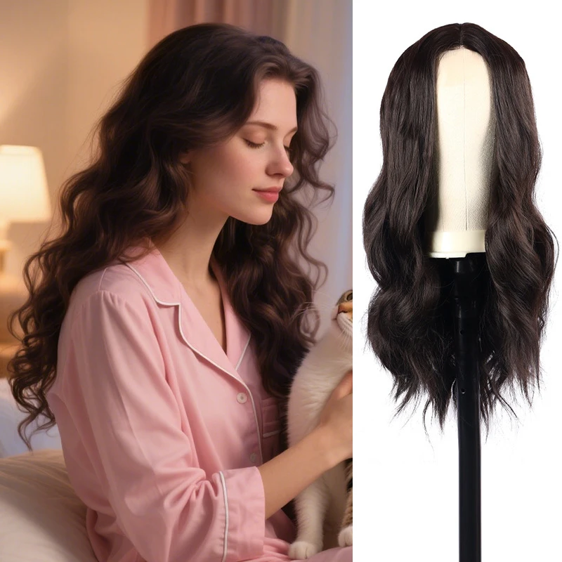 Wig for European and American women, front , brown, middle-parted, long curly hair, large waves, hand-woven lace
