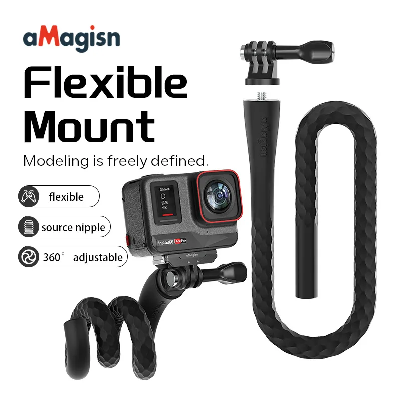 aMagisn Flexible Selfie Stick Multi-function Flexible Mount With 1/4 Screw & 2 Prong for Insta360 GoPro 13 12 11 DJI Action 4 3