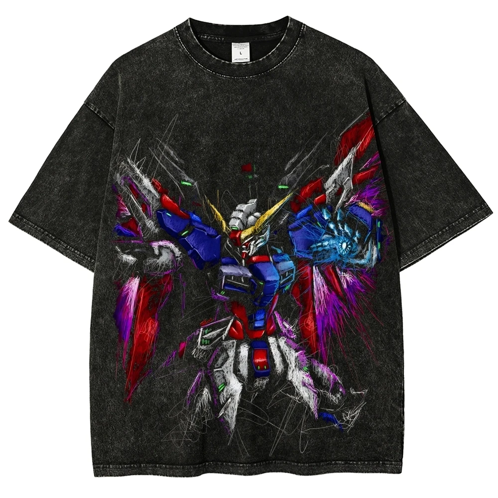 T-shirt Destiny Gundam pour homme, Wings of Light, style vintage délavé à l'acide, streetwear mecha, surdimensionné, rétro, graphique anime japonais, en coton