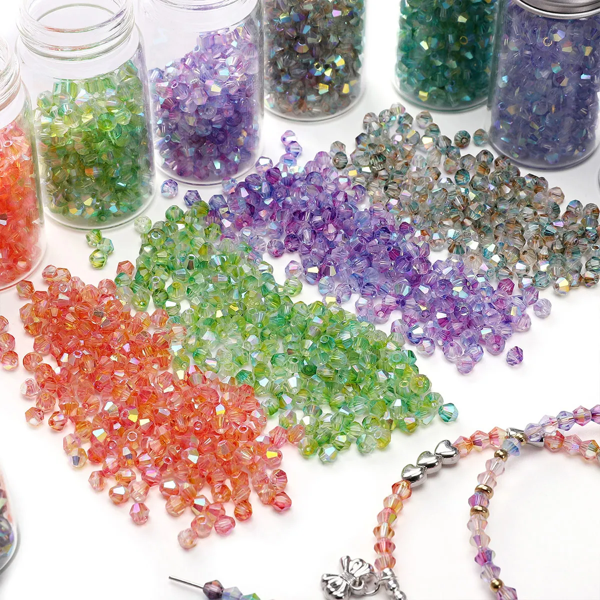 130pcs 4mm AB Color Bicone Glass Crystal Beads 1mm Hole Two-Tone Aurora Faceted Loose Beads for DIY Bracelet Necklace Jewelry