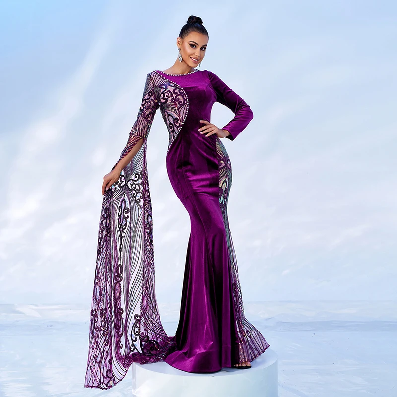 

Spring Autumn Elegant Women Long Sleeve Purple Velvet Sequined Formal Occasion Evening Cocktail Prom Party Mermaid Maxi Dress