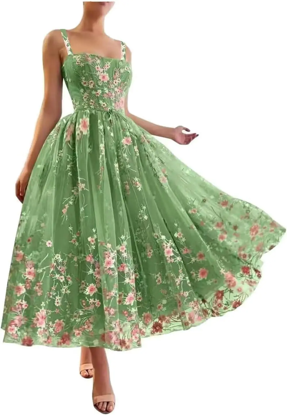 

Embroidered Tulle Prom Dresses with Pockets Lace Tea Length Formal Dresses A-line Strapless Evening Gowns