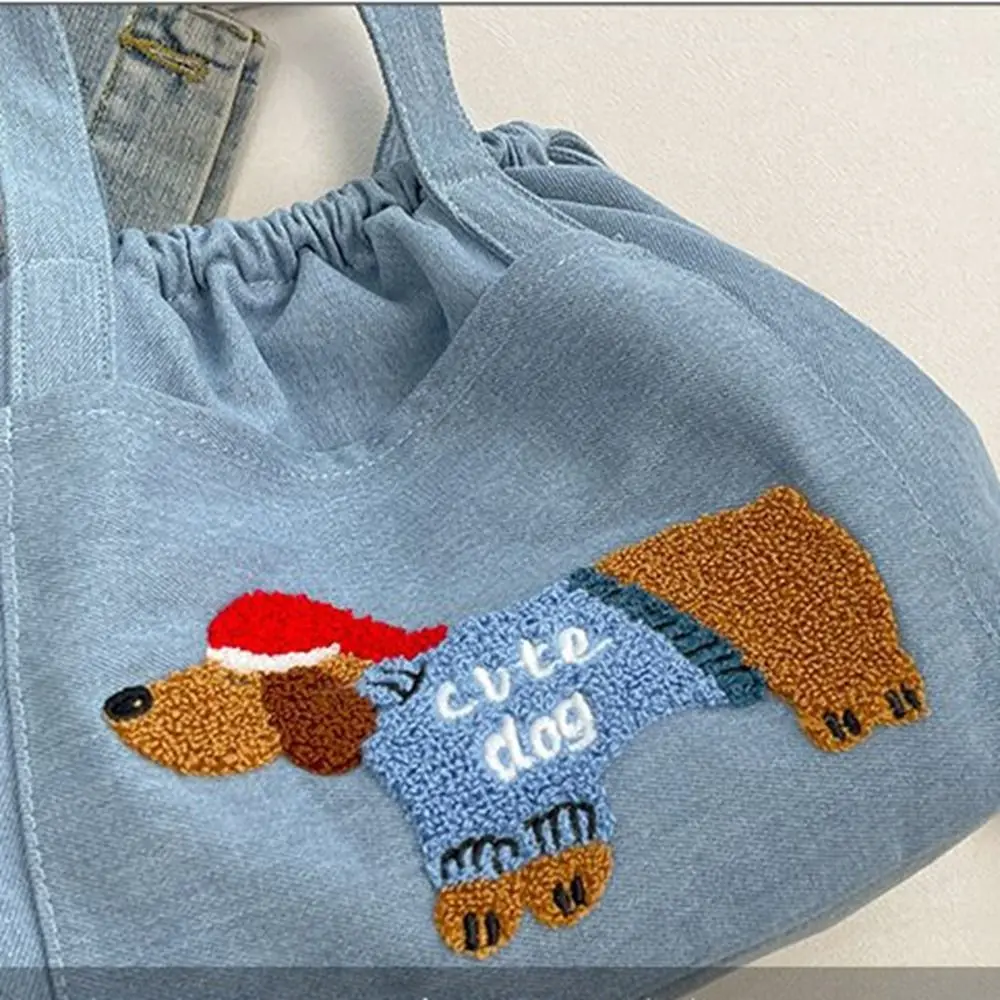 Bolsa de ombro jeans, sacola de carta impressa saco de balde, bolsa de bolinho, pano jeans, cão bonito