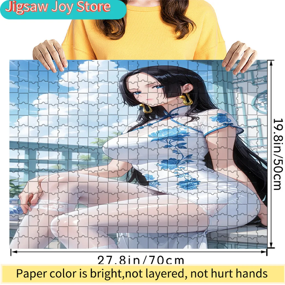 

One Piece Boa Hancock Long Black Hair White Blue Floral Qipao With Slit Art Paper Jigsaw Puzzle, Pirate Empress Character Decor,
