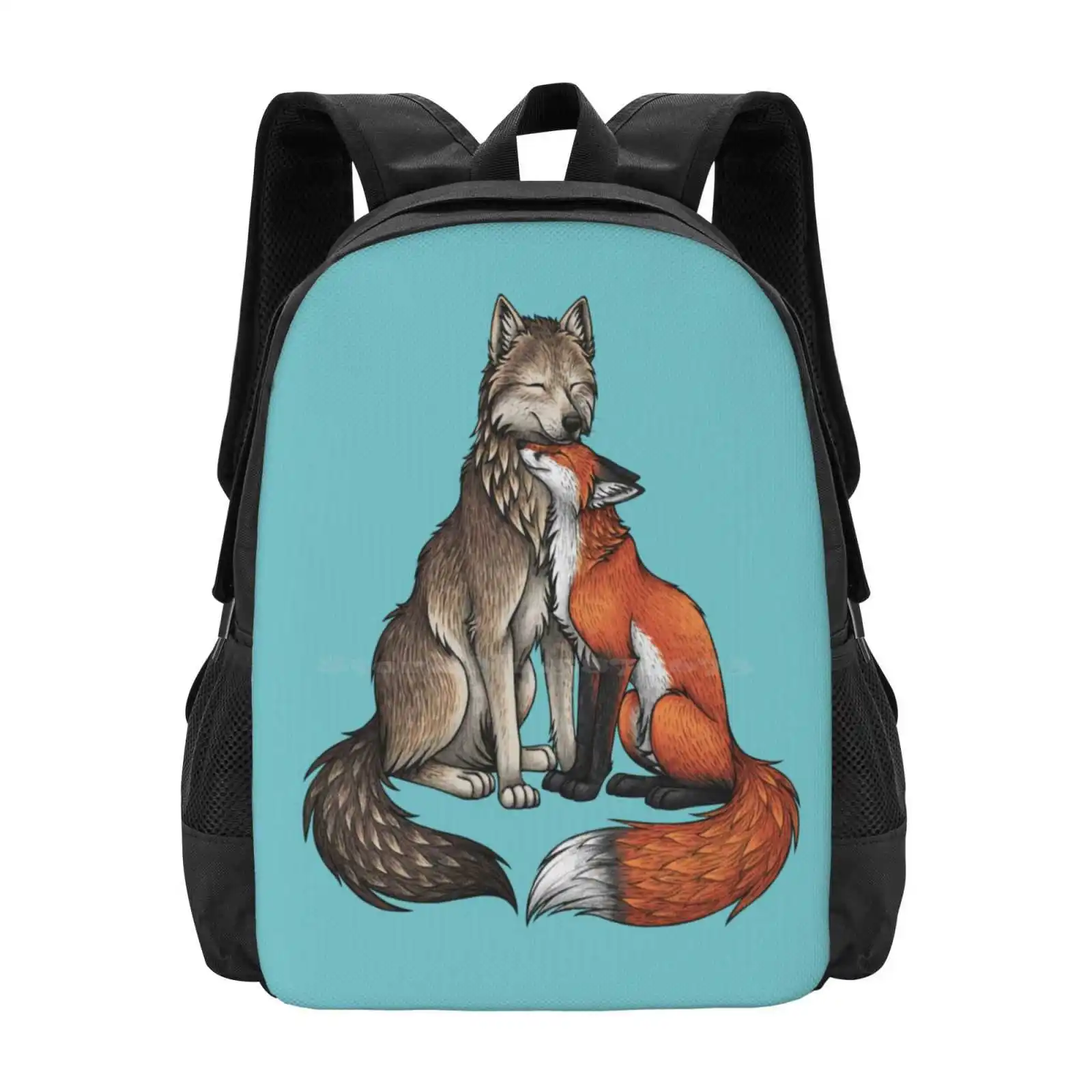 Wolf & Fox Teen College Student Backpack Pattern Design Bags Red Fox Grey Wolf Wolf And Fox Nature Animal Cute Couple Romantic