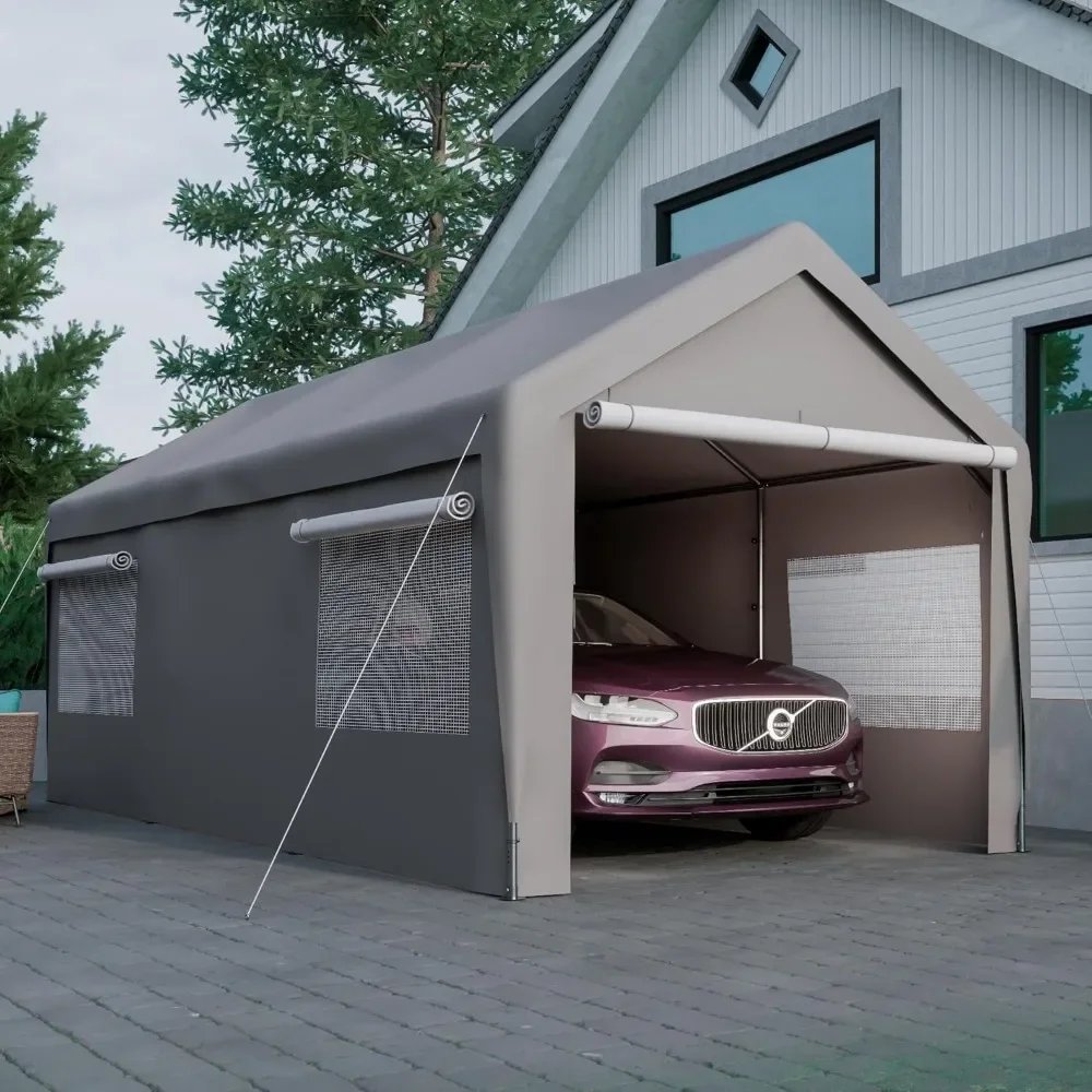 

10x20ft Carport Garage with Mesh Windows, Removable Sidewalls, UV Resistant Waterproof All-Season Tarp, Portable Carport Garage