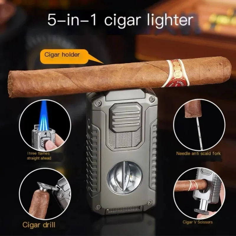 5-in-1 Multifunctional Cigar Lighter Metal Windproof 3 Jet Flame Cigar Holder V Scissor Driller High Quality Butane Gas Lighters