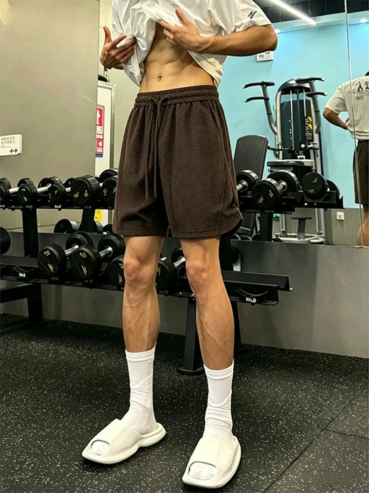 Khaki Mermaid Fitness Shorts Men's Summer American Retro Knitted Four-Fifths Casual Pants mid Waist Straight Leg Short Shorts
