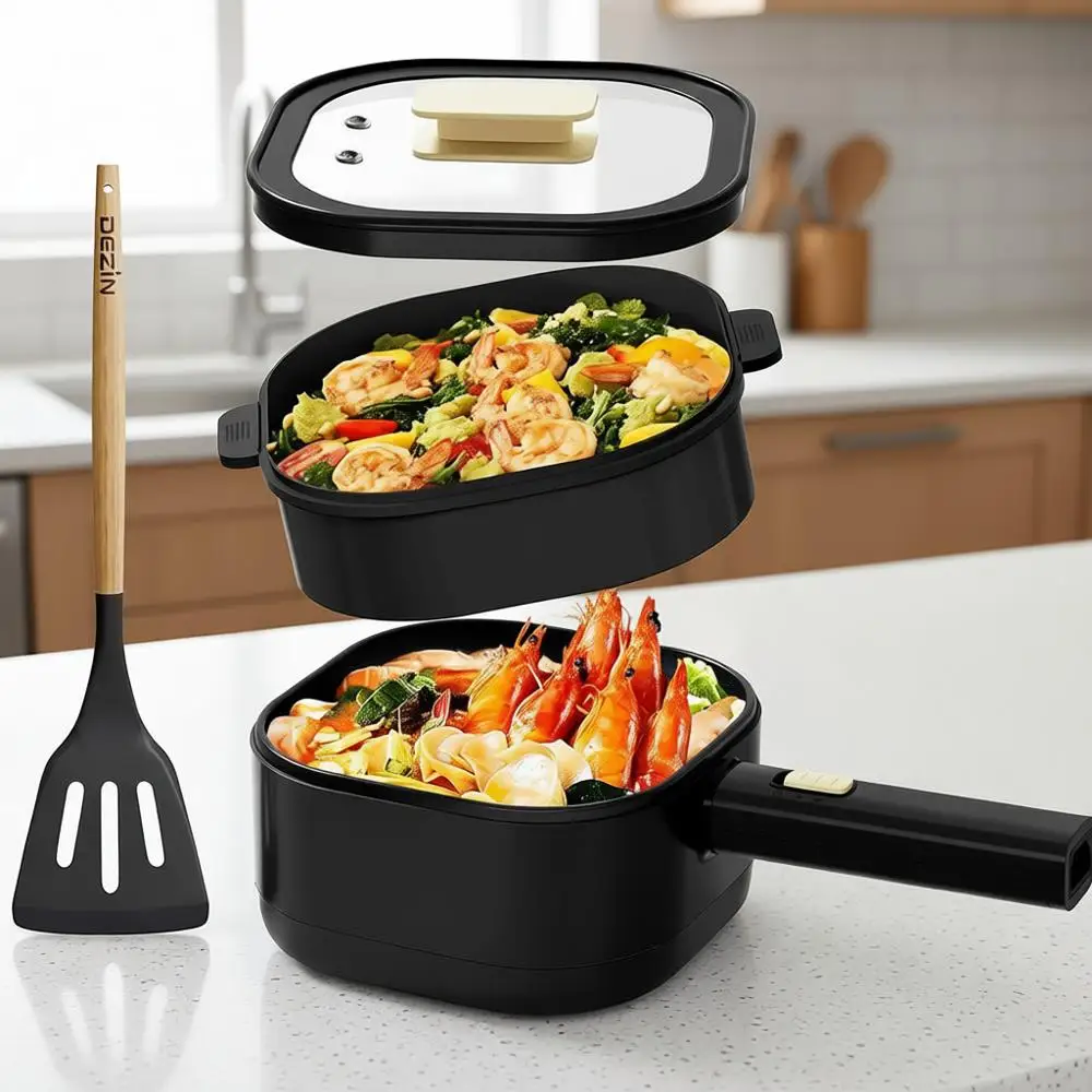 

2L Electric Hot Pot with Steamer, 800W Non-Stick Coating, Adjustable Power for Dorms and Offices (Silicone Spatula Included)