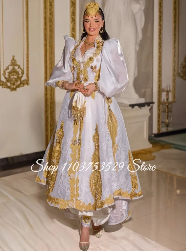Customized White Elegant Algerian Wedding Dress Traditional Middle Eastern Arab Festival Evening Gown Ethnic Bridal Gown 2026