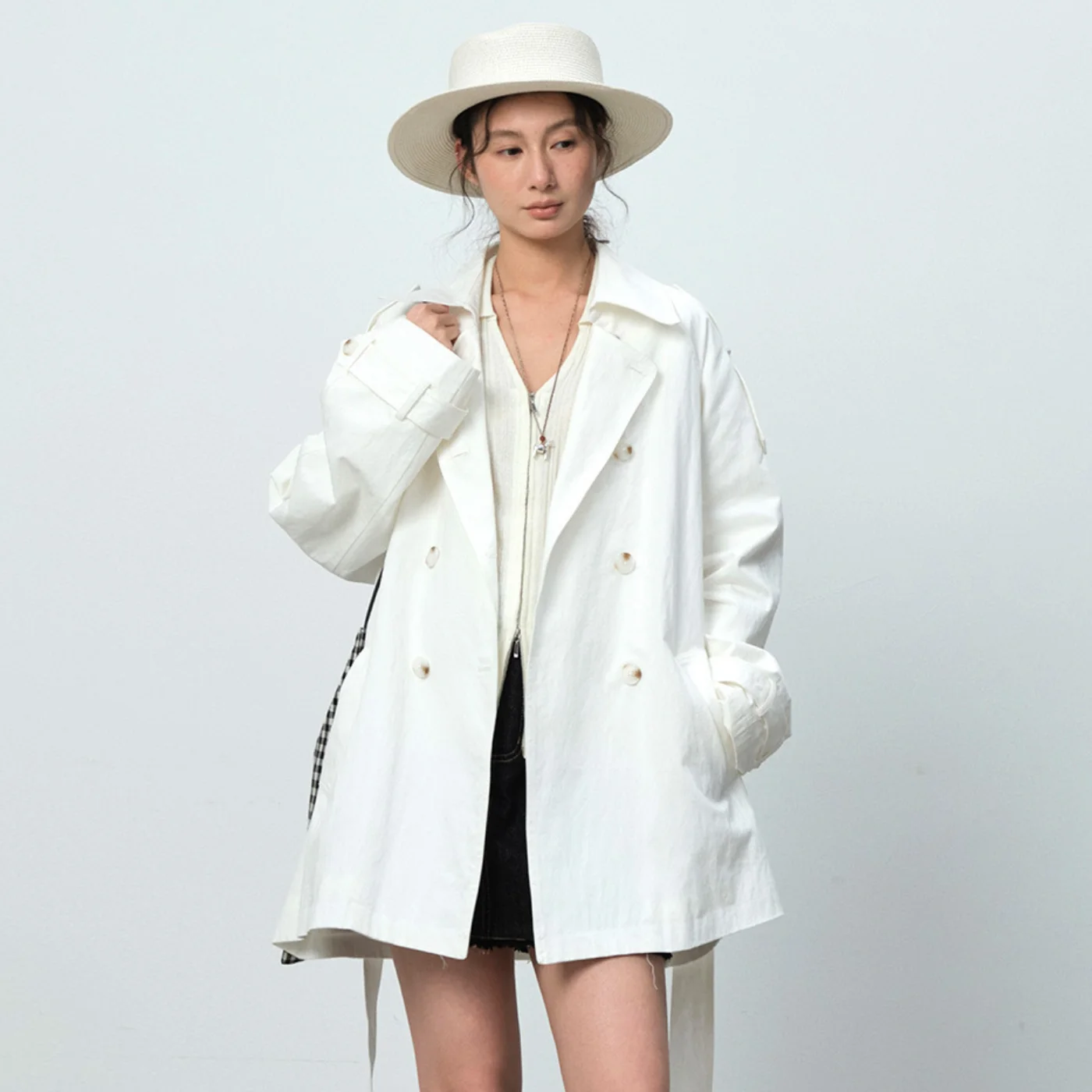 Double Breasted Lapel Mid Length Trench Coat Women Simple Design Sense White Gentle Stylish Outerwear