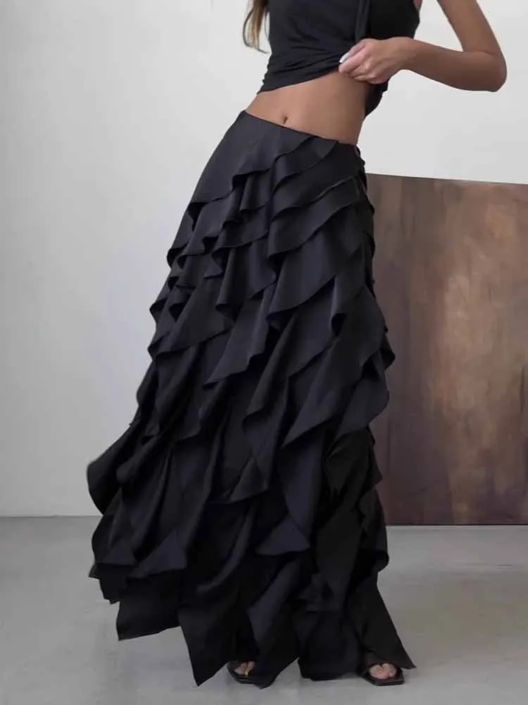 

BKQU асимметричная женская длинная юбка с рюшами, элегантная многослойная юбка трапециевидной формы с низкой талией и лентой, весна-лето 2021, винтажная роскошь