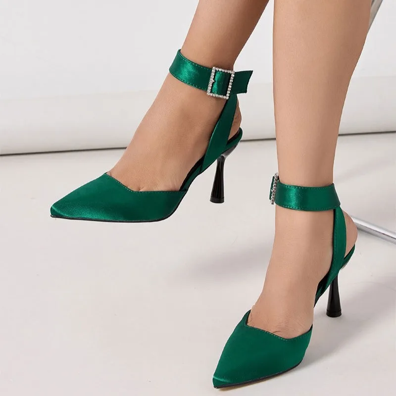 Top Quality Satin Pointed Toe Kitten Heels with Rhinestone Buckle Ankle Strap Slingback Pumps Luxury  Women Party Wedding Shoes