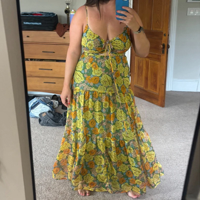 Maemukilabe 花柄カットアウトマキシドレスボヘミアンフロントタイアップ流れるドレス女性のための夏の背中の開いた A ラインドレス休暇