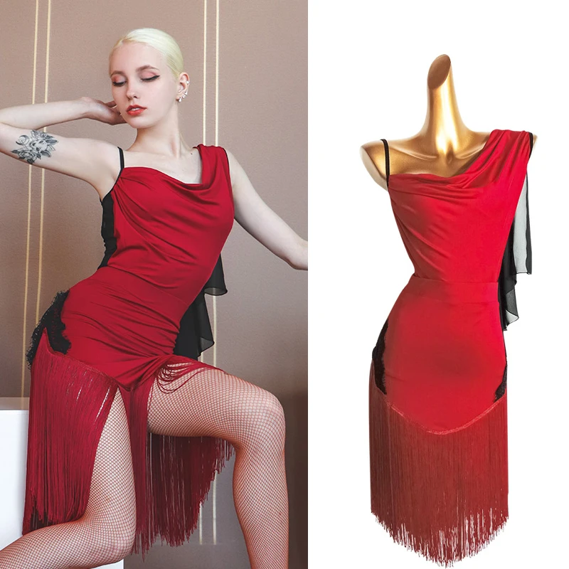 

Latin Dance Practice Clothes Women'S New Red Two-Piece Suit Performance Fringe Dress Ballroom Dance Competition Dresses DN9489