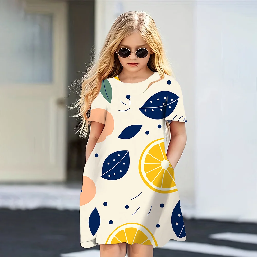 2024 Summer Dress Girls Cute New Hawaii Style 3D Printed Dresses Girls Party Short Sleeve Casual Princess Dress Girls Clothing