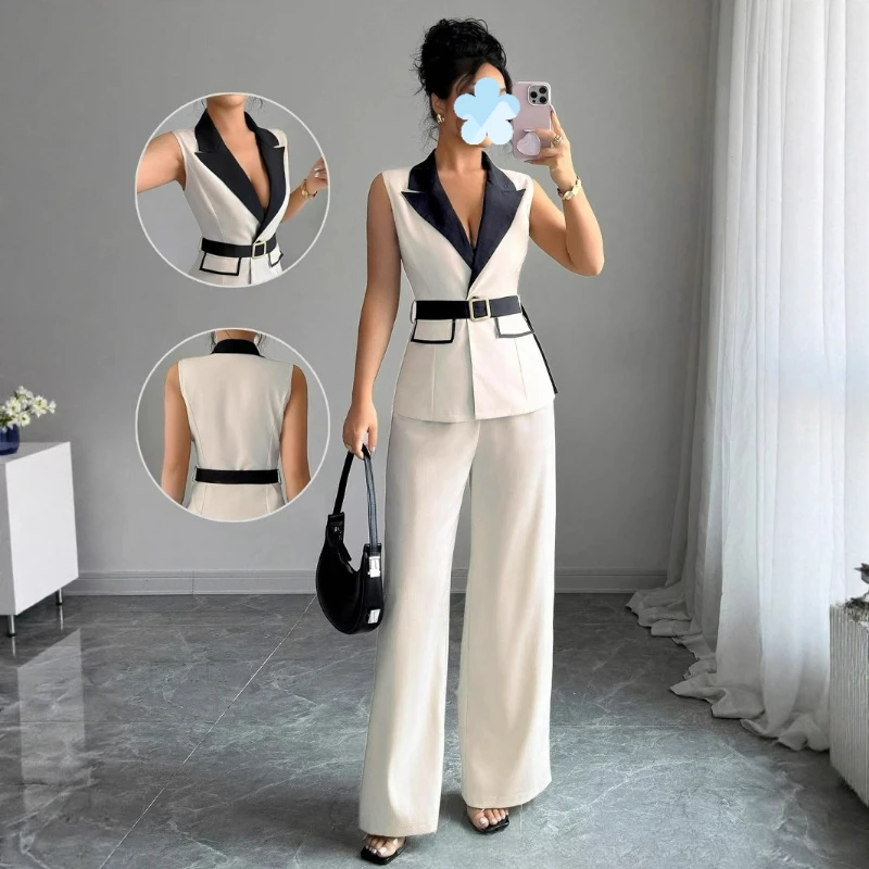 

2026 Spring/Autumn European American Style New Fashion Elegant V-neck Sleeveless Straight-leg Long Pants Vest Set for Women