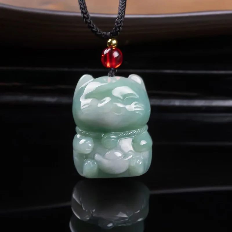 Natural Emerald Jade Lucky Cat Pendant Myanmar Jadeite Necklace Fashion Jewelry Charm Designer Lucky Gifts for Women Certificate