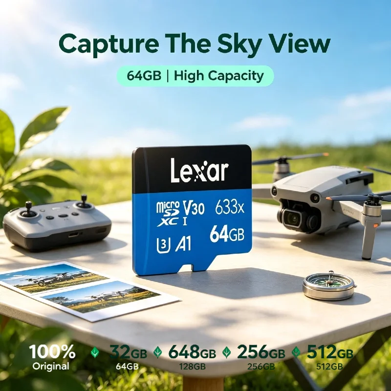 633x Lexar Micro SDXC Memory Card 64/128/256GB U3 V30 A1 Class10 100MB/s High Speed Smartphone Action Camera Tablet